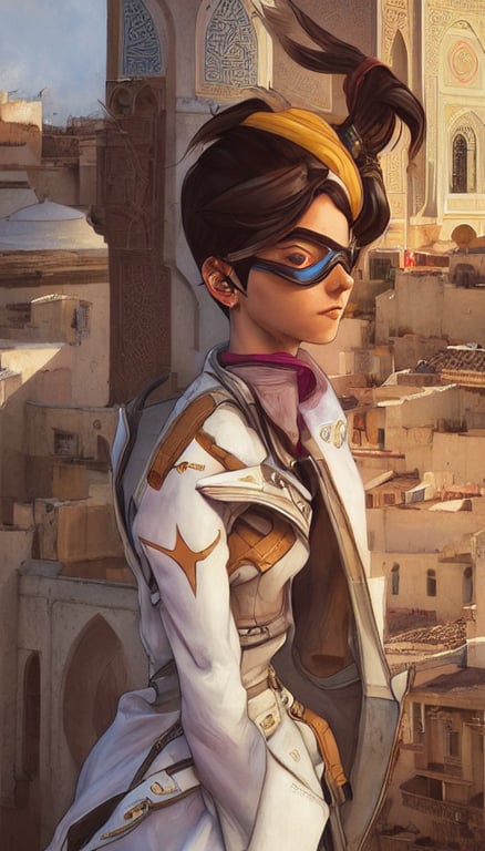 prompthunt: portrait of tracer from overwatch travels in tetouan streets,  morocco, mosque, highly detailed, digital painting, artstation, concept art,  smooth, sharp focus, illustration, art by artgerm and greg rutkowski and  alphonse mucha