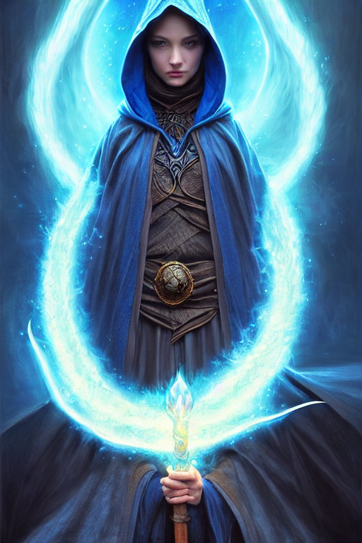 Front portrait of a hooded mage hold a blue fire and detailed staff, full body, fine art, awesome fantasy book cover on Pinterest, award winning, dark fantasy landscape, fantasy magic, intricate, elegant, sharp focus, cinematic lighting, highly detailed, digital painting, concept art, art by WLOP and Artgerm and Greg Rutkowski, masterpiece, trending on artstation, 8K