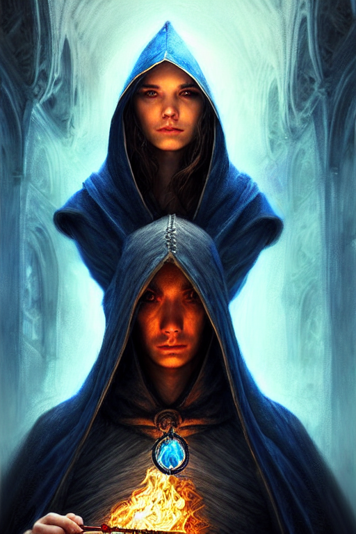 Front portrait of a hooded mage hold a blue fire and detailed staff, full body, fine art, awesome fantasy book cover on Pinterest, award winning, dark fantasy landscape, fantasy magic, intricate, elegant, sharp focus, cinematic lighting, highly detailed, digital painting, concept art, art by WLOP and Artgerm and Greg Rutkowski, masterpiece, trending on artstation, 8K