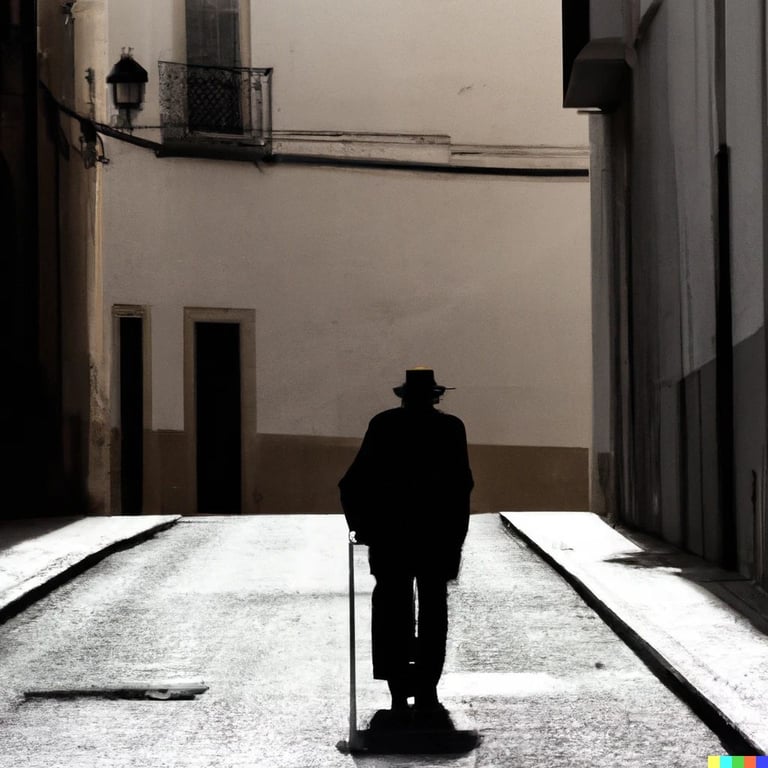 prompthunt: Silhouette of an old man with a cane walking down a