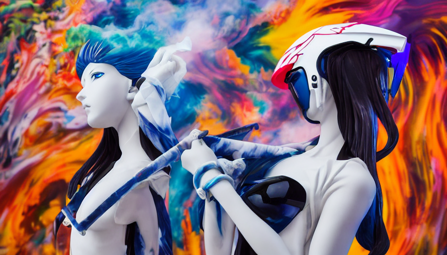 prompthunt: extremely beautiful photo of a white marble statue of an anime  girl with colorful motocross logos and motorcycle helmet with closed visor,  colorful smoke in the background, carved marble statue, fine