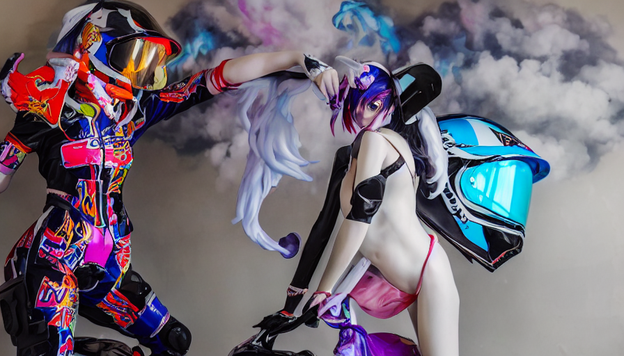KREA - : extremely beautiful photo of a black marble statue of an anime  girl with colorful skateboard logos and helmet with closed visor, colorful  hyperbolic background, fine art, neon genesis evangelion