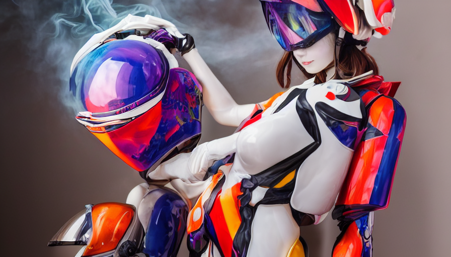 prompthunt: extremely beautiful photo of a white marble statue of an anime  girl with colorful motocross logos and motorcycle helmet with closed visor,  colorful smoke in the background, carved marble statue, fine