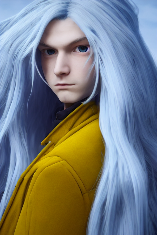 Digital art of a male anime character with blue hair and yellow eyes