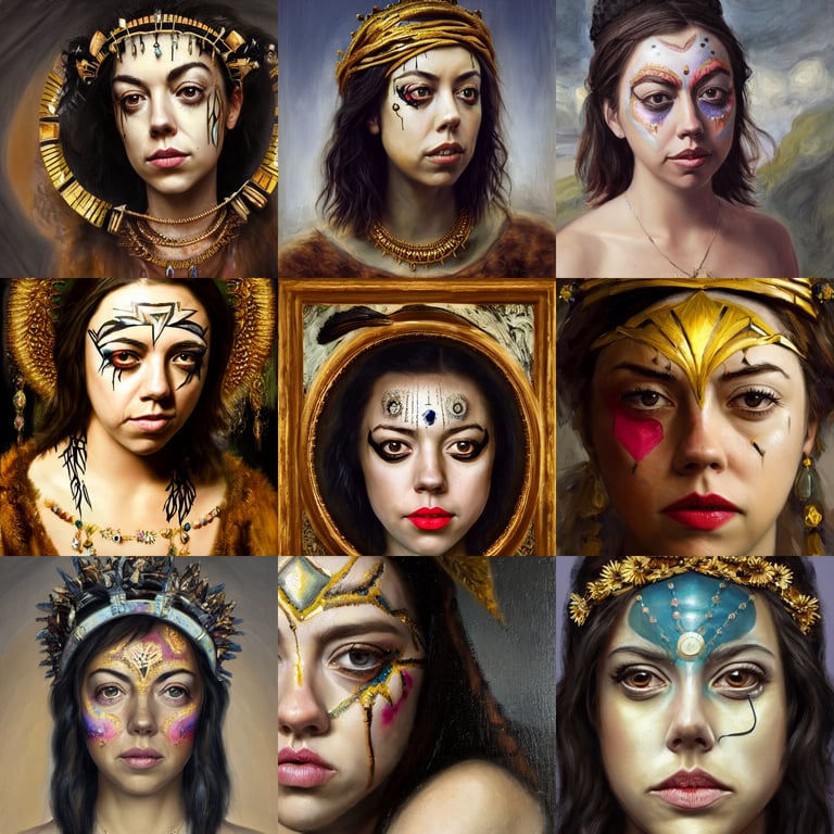 prompthunt: aubrey plaza as the goddess of depression. intricate jewelry  and face paint, flowing clean 4 k art trending on artstation by monet,  rembrandt, oil painting, digital