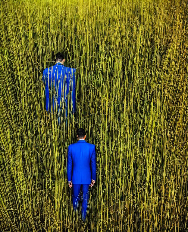 prompthunt: “ a lost man in a blue suit holding a cellphone stepping over  tall grass field during a misty sunset surrounded by a dead forest ”