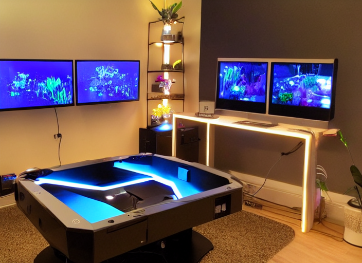 prompthunt: ultimate PC gaming room, LED lights, plants, interior design