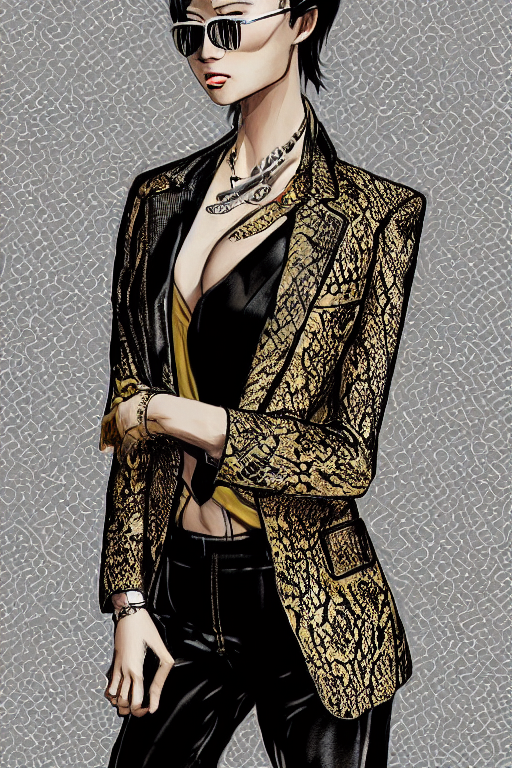 prompthunt: yakuza slim girl, gold suit jacket in snake print, jacket over  bare torso, yakuza tattoo on body, black short curtain haircut, black  leather pants with black belt, luxury, fashion, looking sideways,