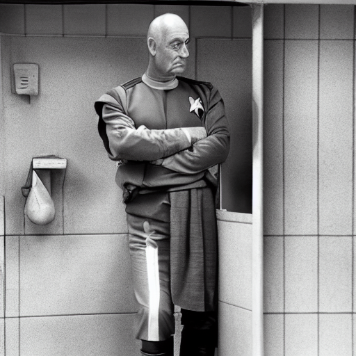 Chancellor Gowron, son of M'Rel (Star Trek: Next Generation) and (Star Trek: Deep Space Nine) as portrayed by Robert O'Reilly standing in a rotting gas station bathroom, award winning photo, trending, hyperrealistic, 8k.
