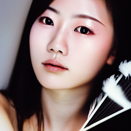 photo portrait of beautiful Japanese women with perfect eyes and simetrical face, she have delicate traditional make up, holding a feather cinematic light, 8k,, akira kurosawa style