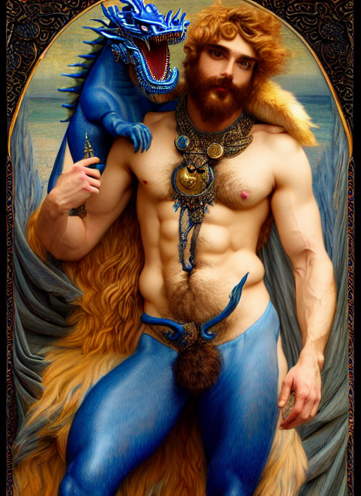 artstation, intricate details, hyper details, by gaston bussiere and sandro botticelli, sexy anthropomorphic blue dragon husband, hairy chest, furry