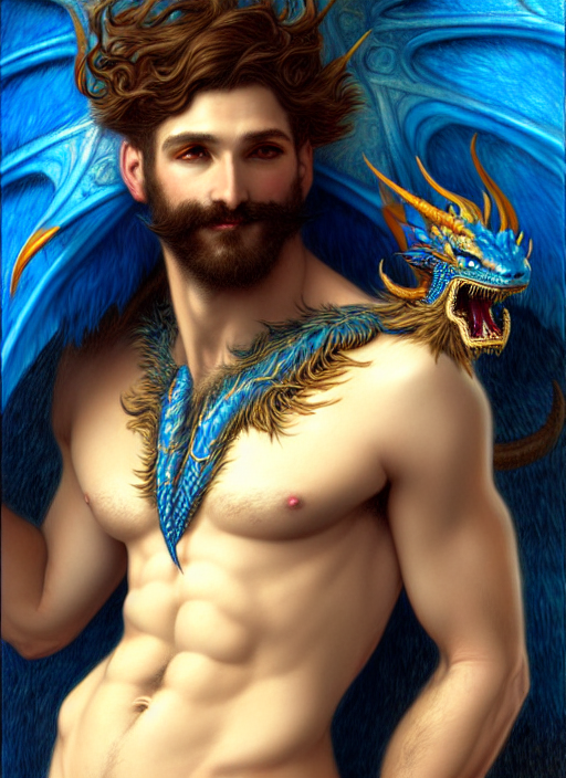artstation, intricate details, hyper details, by gaston bussiere and sandro botticelli, sexy anthropomorphic blue dragon husband, hairy chest, furry