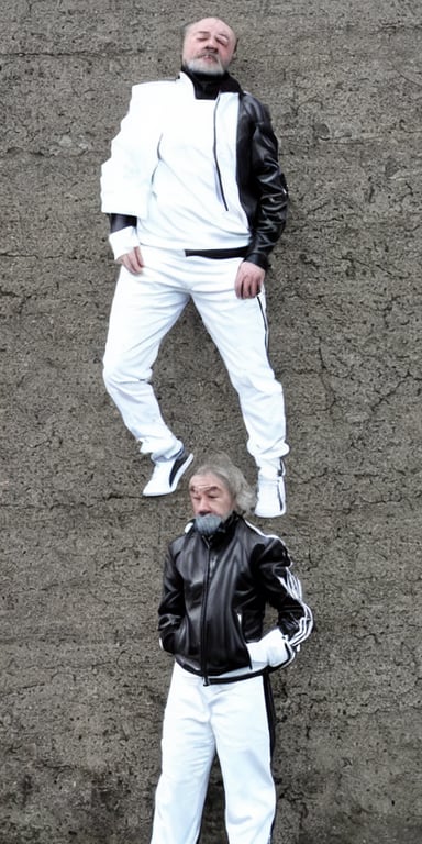 prompthunt: sad russian middle aged man. black leather jacket, white adidas  pants. extreme long shot. amateur photo from 2006