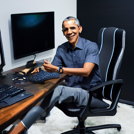 obama in his gaming room wearing razer gaming headphones, sitting down in his razer gaming chair, holding controller and gaming