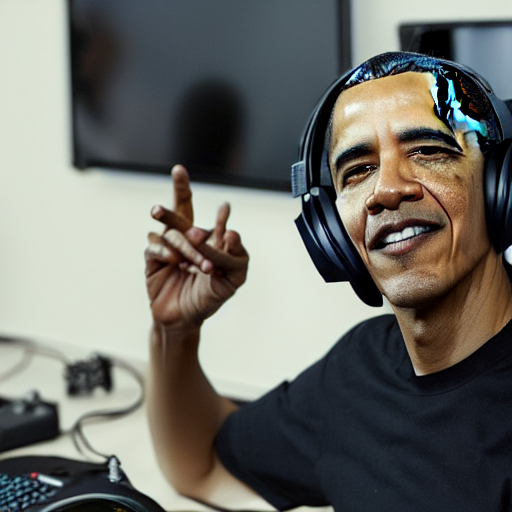 obama in his gaming room wearing razer gaming headphones, sitting down in his razer gaming chair, holding controller and gaming