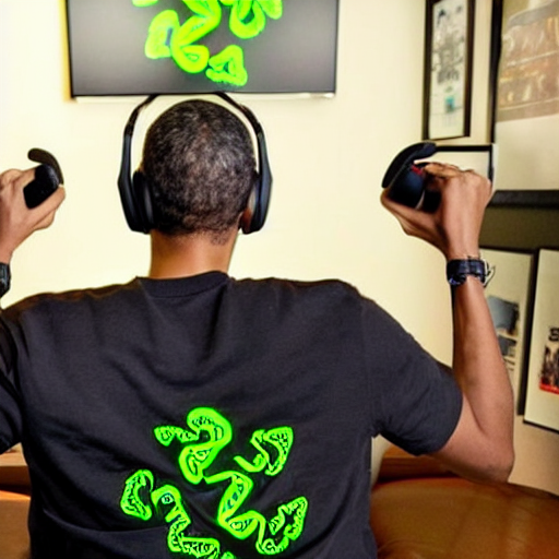 obama in his gaming room wearing razer gaming headphones, sitting down in his razer gaming chair, holding controller and gaming