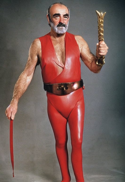 prompthunt: The full figure portrait is of the actor sean connery. He is  wearing the red leather mankini from the film zardoz beneath the robes of  the imperial emperor from star wars.