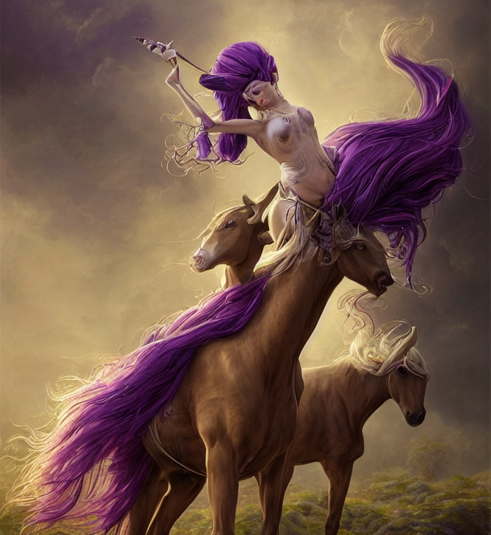 a portrait of a beautiful elegant female centaur with a horn on the forehead and wings on her horse body and purple hair and elf ears, Ultra realistic! 25mm f/1.7 ASPH Lens backlit, strong rim light, highly detailed, digital painting, HDRI, by Alvaro Castagnet + Peter Mohrbacher + Dan Mumford + vivid colors + high contrast, 8k resolution, intricate, photorealistic, smooth