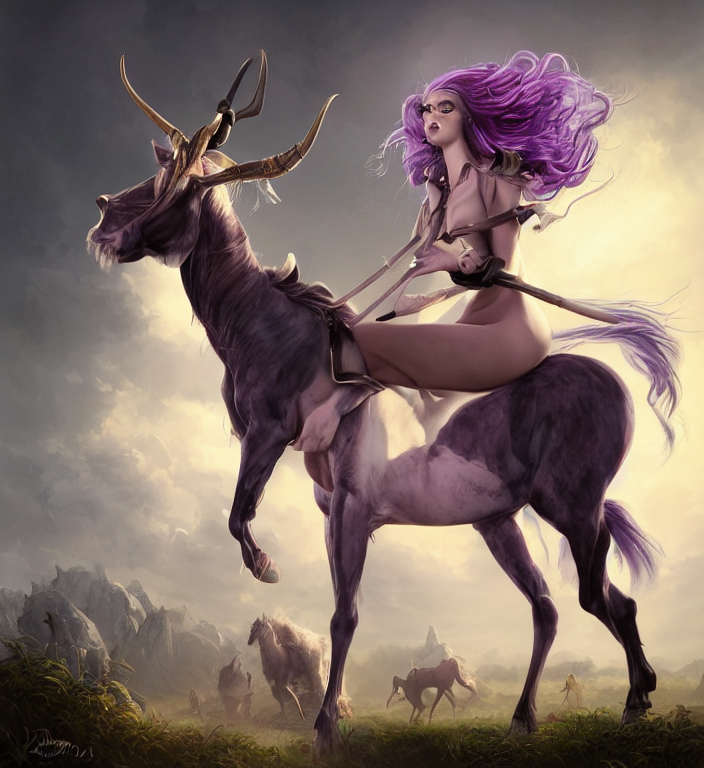 a portrait of a beautiful elegant female centaur with a horn on the forehead and wings on her horse body and purple hair and elf ears, Ultra realistic! 25mm f/1.7 ASPH Lens backlit, strong rim light, highly detailed, digital painting, HDRI, by Alvaro Castagnet + Peter Mohrbacher + Dan Mumford + vivid colors + high contrast, 8k resolution, intricate, photorealistic, smooth