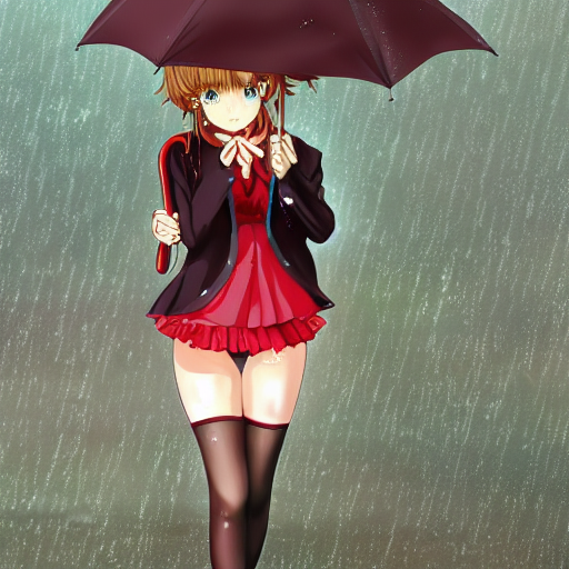 prompthunt: anime girl walks in lingerie and pantyhose in the rain with an  umbrella, red curly hair in pigtails with an elastic band, rain, full HD, 8k