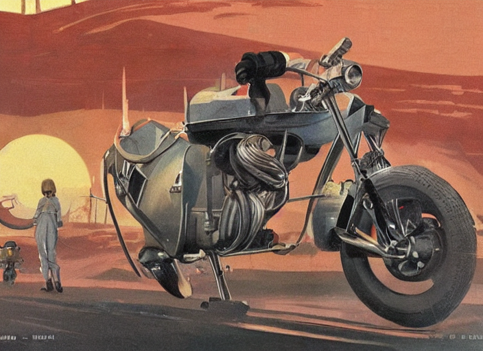 ( ( ( ( ( classic ralph mcquarrie star wars concept art, 1 9 5 0 s scrambler, 1 9 6 0 s cafe racer, painting ) ) ) ) ) by ralph mcquarrie and star wars and beyond the black rainbow!!!!!!!