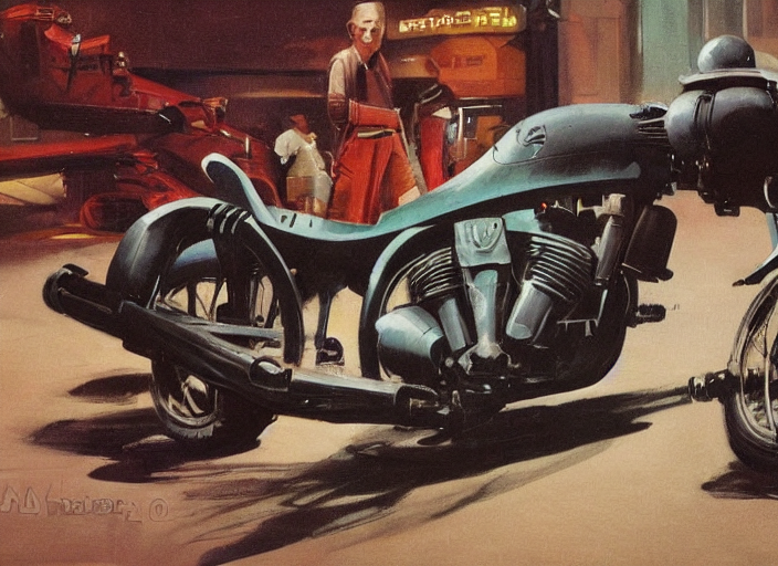 ( ( ( ( ( classic ralph mcquarrie star wars concept art, 1 9 5 0 s scrambler, 1 9 6 0 s cafe racer, painting ) ) ) ) ) by ralph mcquarrie and star wars and beyond the black rainbow!!!!!!!