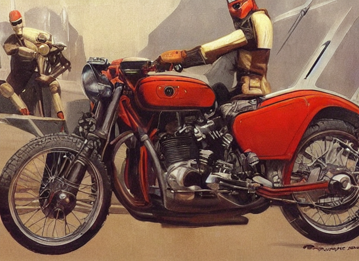 ( ( ( ( ( classic ralph mcquarrie star wars concept art, 1 9 5 0 s scrambler, 1 9 6 0 s cafe racer, painting ) ) ) ) ) by ralph mcquarrie and star wars and beyond the black rainbow!!!!!!!