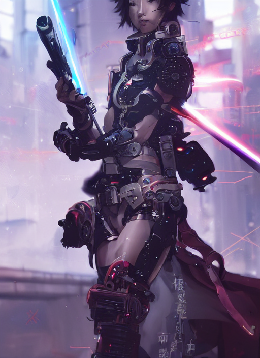 prompthunt: cool cyberpunk cyborg samurai girl, battle pose, laser swords,  beautiful, detailed portrait, intricate complexity, concept art by krenz  cushart, kyoto animation, wlop. 4 k, beautiful, cinematic dramatic  atmosphere, sharp focus, perfect