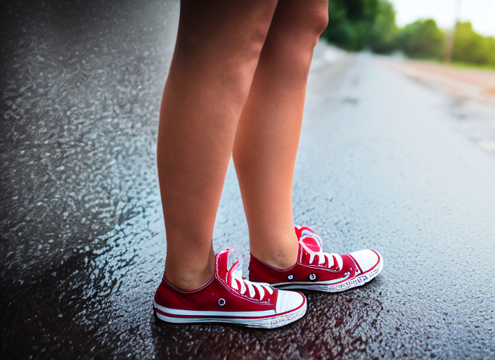 prompthunt: side view of the legs of a woman sitting on a curb, short  pants, wearing red converse shoes, wet aslphalt road after rain, blurry  background, sigma 8 5 mm
