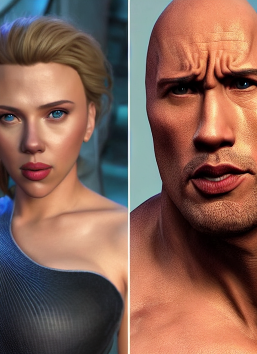 a beautiful portrait of Scarlett Johansson as Dwayne the rock Johnson !dream Madison Beer as a video game character, digital art, unreal engine, unreal engine render, blender render, render, 4k, coherent