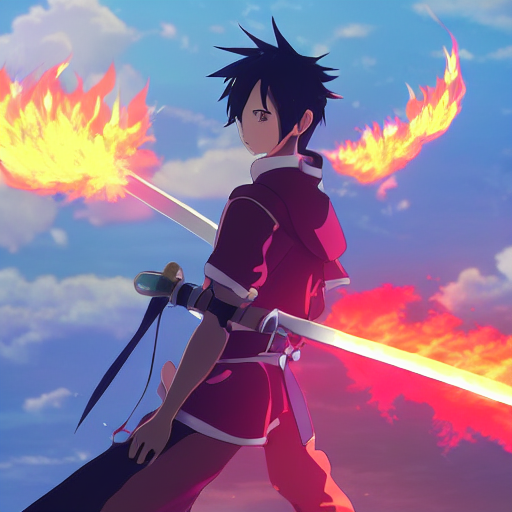 prompthunt: sword made of fire in the style of Makoto Shinkai, anime,  colorful, beautiful, 4k