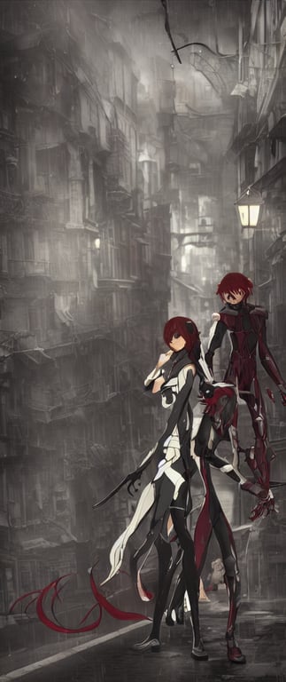 zero from code geass and asuka langley in dishonored town, dunwall city, redshift render, cinematic lighting, rainy weather, melancholy atmosphere, dunwall city, volumetric light, octane render, dishonored game, dishonored 1, gothic architecture, atmosphere or depression and despair