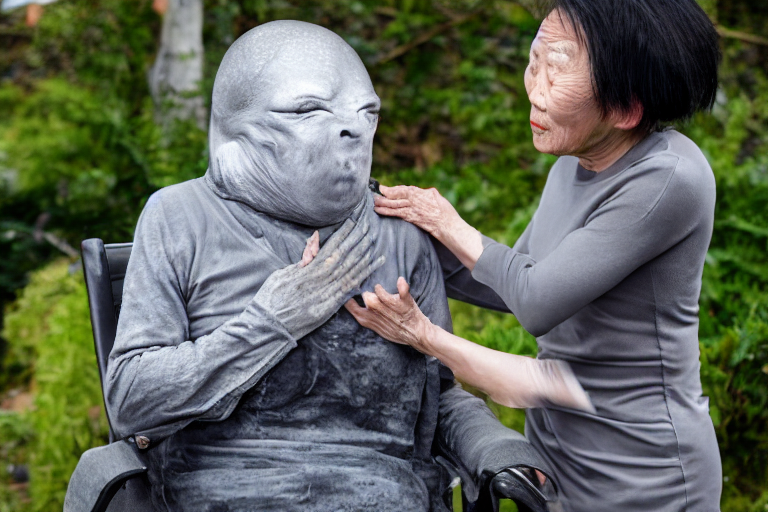 prompthunt: grey alien taking off a fake wearable skin of an old asian woman