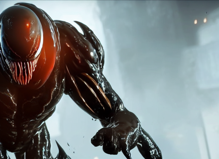 venom fused with doomslayer, ultra realistic 4 k unreal engine very cinematic render with ray tracing bloom ambient occlusion strong reflections depth of field fog