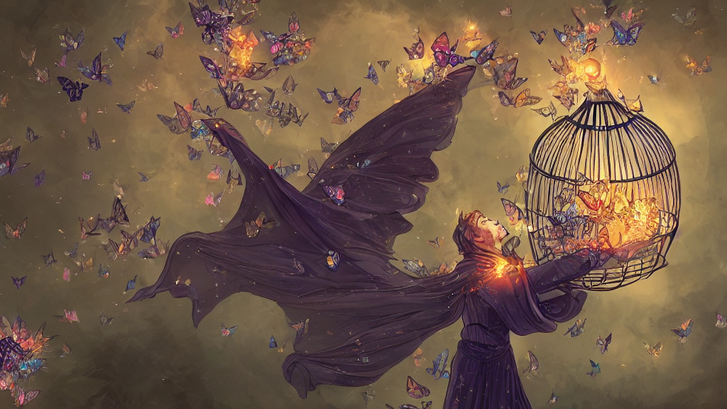 prompthunt: wizard holding a cage, with a swarm of butterflies fluttering  out, digital 2d fantasy art