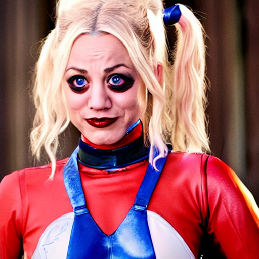 prompthunt: A still of Kaley Cuoco as Harley Quinn