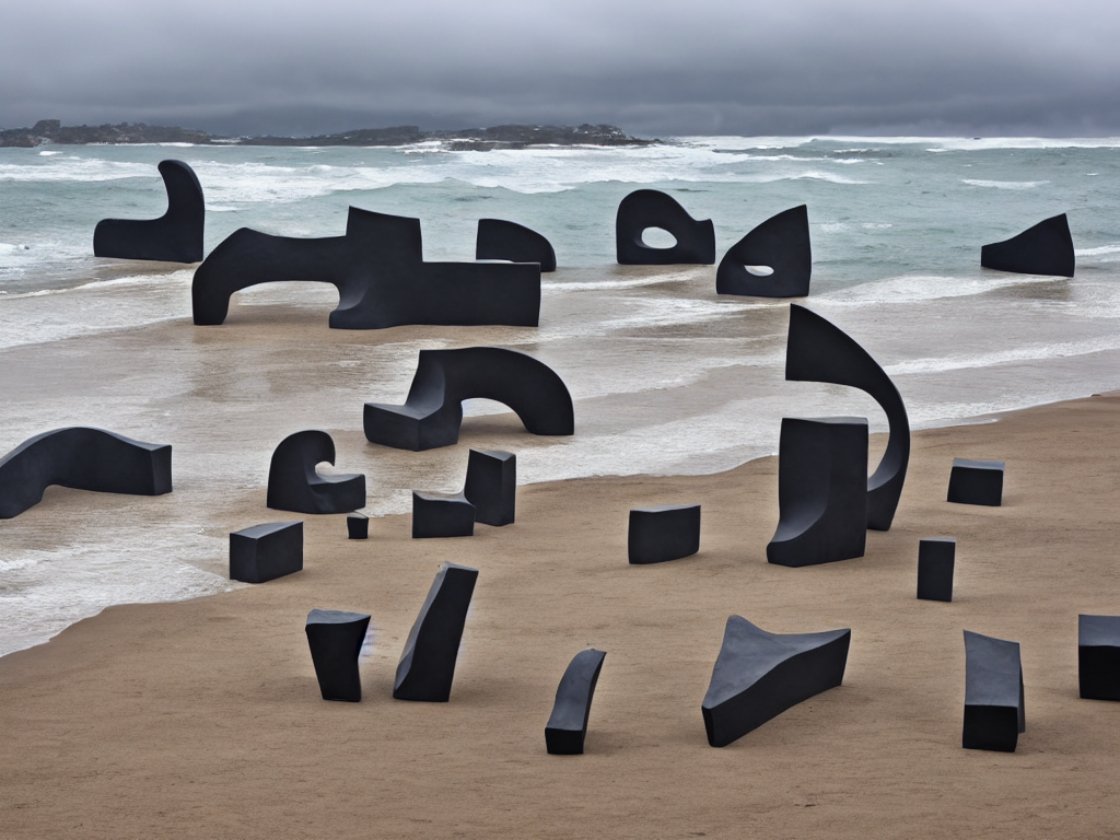 huge plastic sculptures by eduardo chillida on a cloudy beach