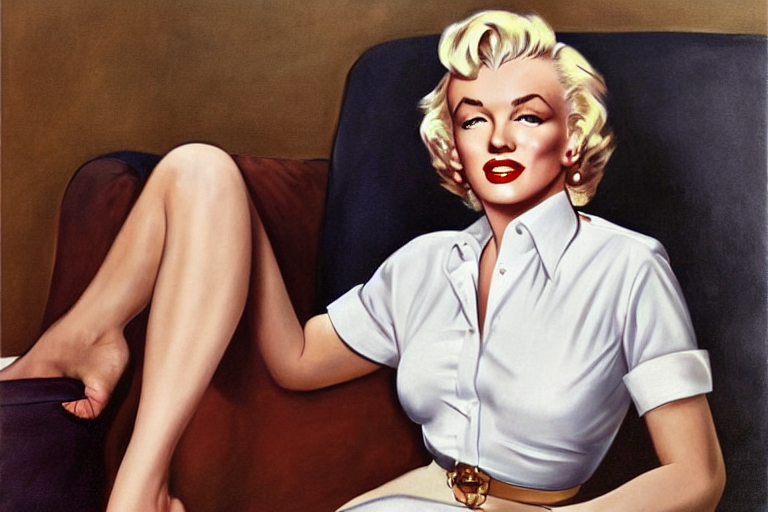 prompthunt: marilyn monroe sitting on a couch, next to the sea, wearing a  white button up shirt, vintage pin up, painted by jc leyendecker