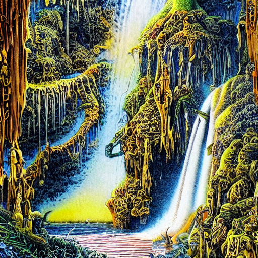 waterfall in the style of patrick woodroffe, very high quality, very detailed, highly detailed, stunning detailed, extremely detalied, amazing detailed