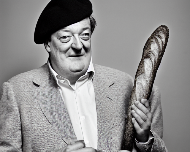 prompthunt: stephen fry dressed like a stereotypical frenchman wearing a  beret and holding a baguette, 8 5 mm f / 2. 4, photograph