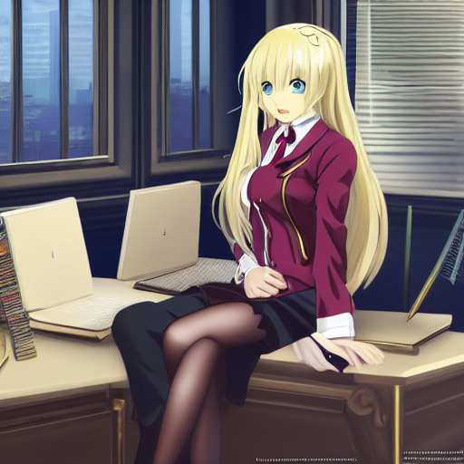 blonde anime woman with long hair, wearing headmistress uniform, sophisticated young woman, pantyhose, authority, sitting in dean's office, ornate designs on desk, sharp details, subsurface scattering, intricate details, anime, anime hd wallpaper, 2 0 1 9 anime screenshot