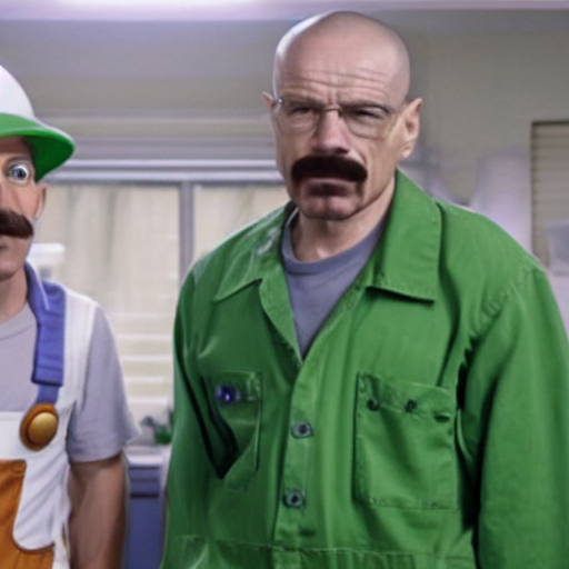 luigi from mario games in green overalls and walter white making meth together, still from a tv series