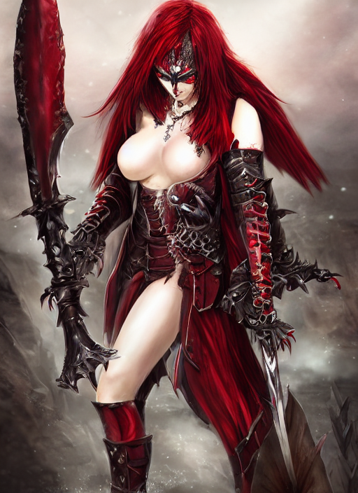 busty female vampire, white hair with red streak of hair in fringe