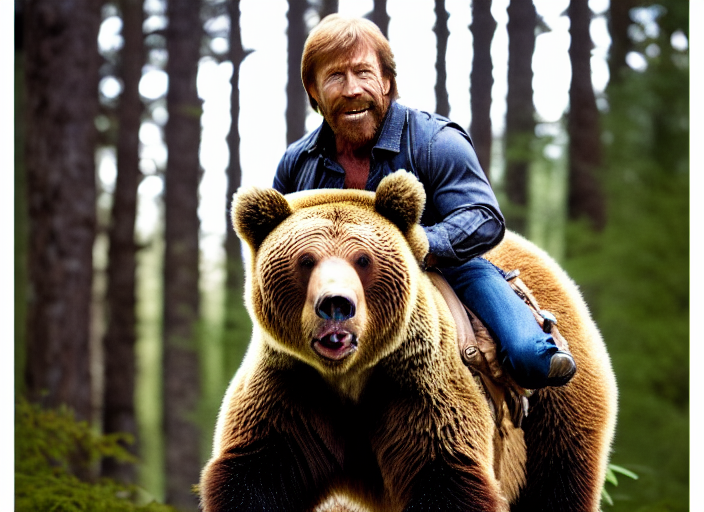 photo of chuck norris riding his grizzly bear, in the forest. fantasy magic style. highly detailed 8 k. intricate. life - like. soft light. sony a 7 r iv 5 5 mm.