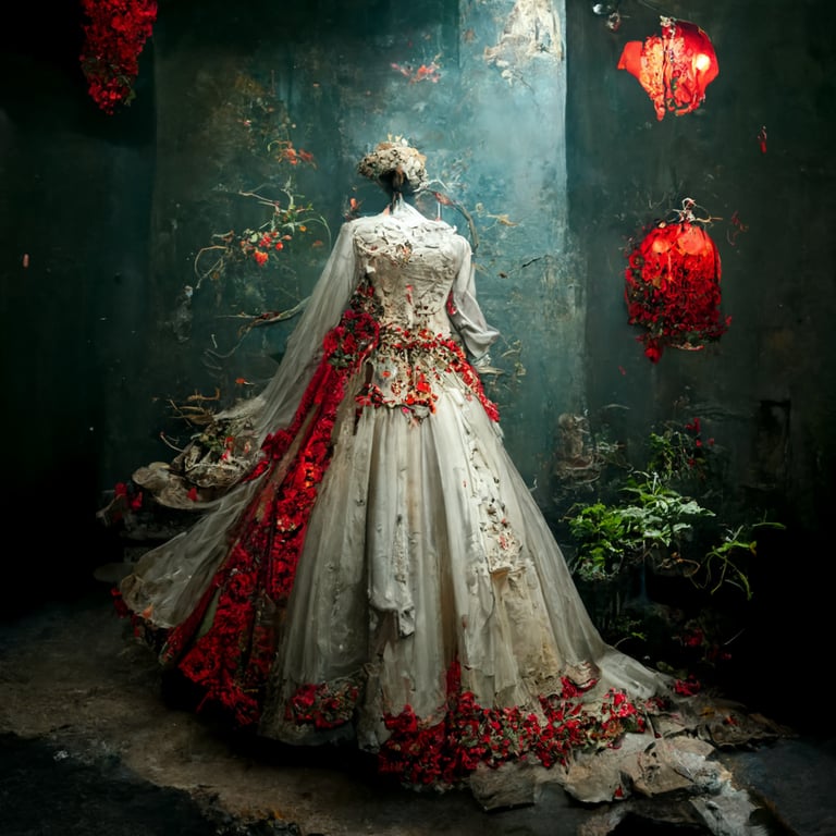 prompthunt Rococo high set wedding dress red very many details