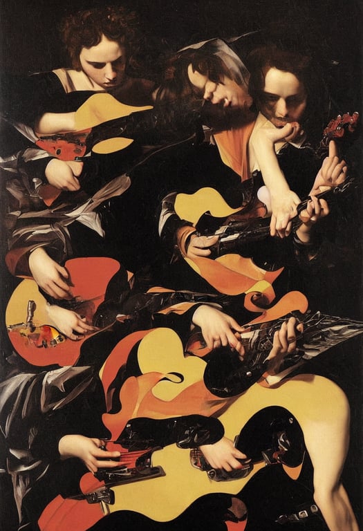 prompthunt: Anna Calvi playing electric guitar, oil painting by Caravaggio,  masterpiece