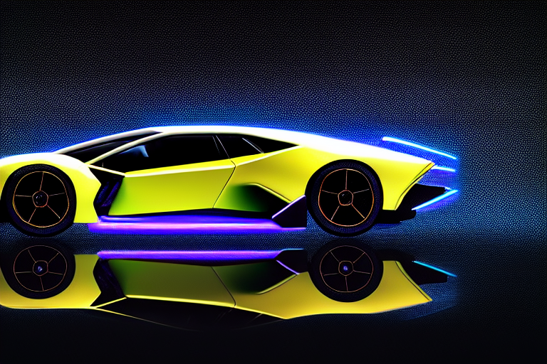 prompthunt: closeup!! isometric macro photo of concept lamborghini  futuristic super car on a reflective black floor, synthwave, neon, tron,  hyper detailed, smooth, high contrast, volumetric lighting, golden ratio,  octane, jim lee, giorgetto