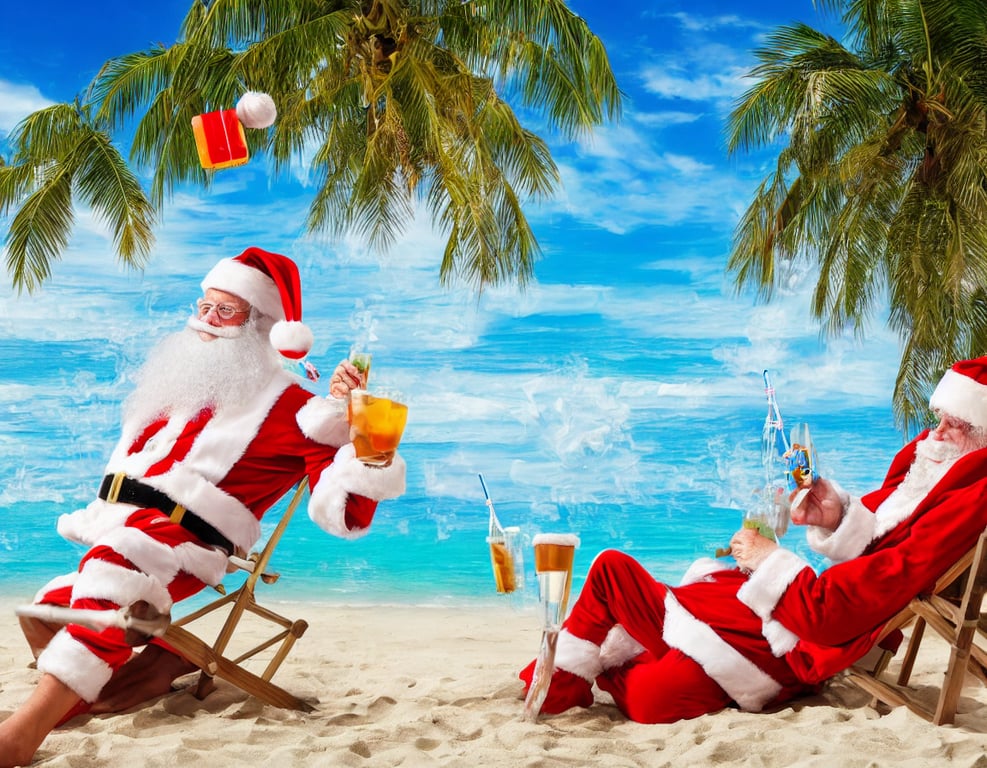 prompthunt: photo of santa claus sunbathing on the exotic beach, sipping  soda from glass using straw lying on deckchair, hd, hdr, ultra detailed,  high resolution
