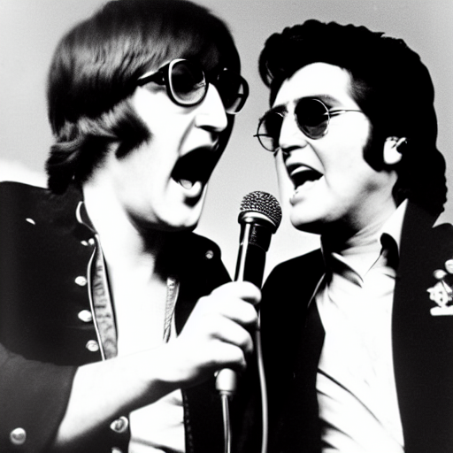 prompthunt: john lennon and elvis singing together in the same microphone,  concert photography from the 70s, bokeh, 4k