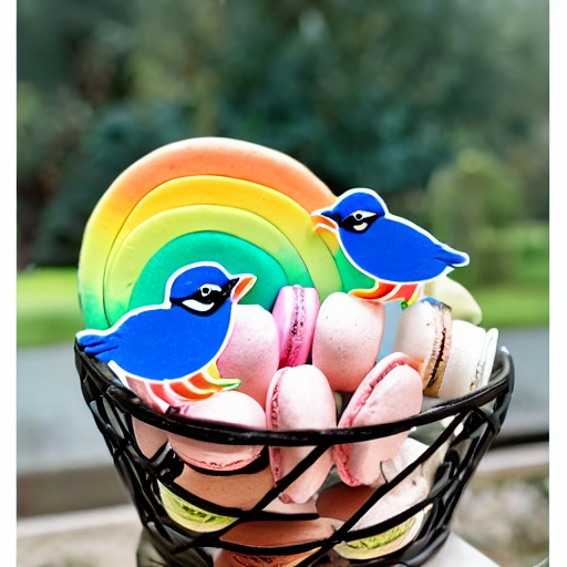 prompthunt: A blue jay standing on a large basket of rainbow macarons.